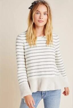 Anthropologie Maeve Astor Fur-Trimmed Pullover Grey Motif Size S